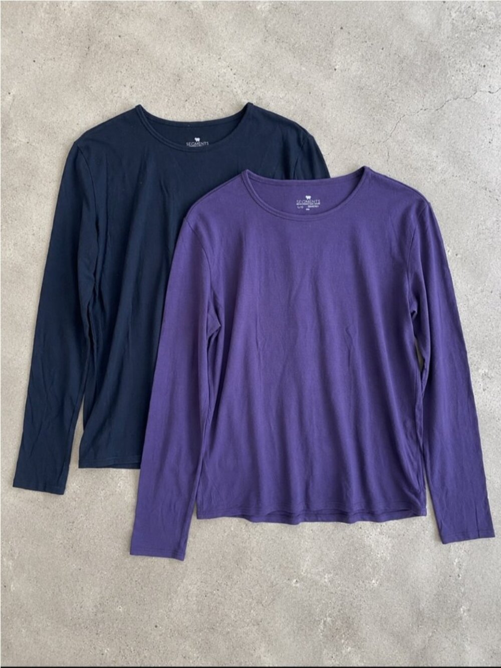 SEGMENTS 100% Merino Wool Long Sleeve Shirt Lot 2 Woman Large Black Purple FLAW